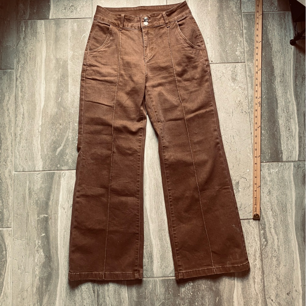 High-Waist Wide-Leg Jeans Dark Carmel Brown Front Seam Styling Elevated Jean 10